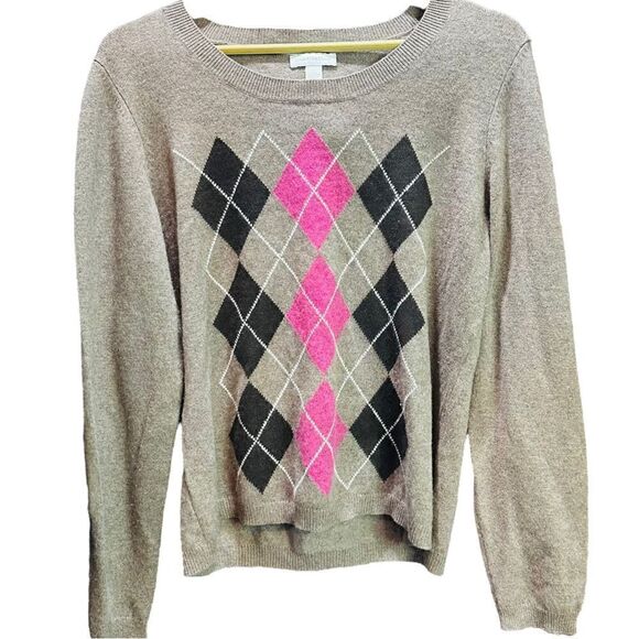 CHARTER CLUB 100 Cashmere Argyle Crew Neck Brown Pink Sweater  Size L - Picture 1 of 1